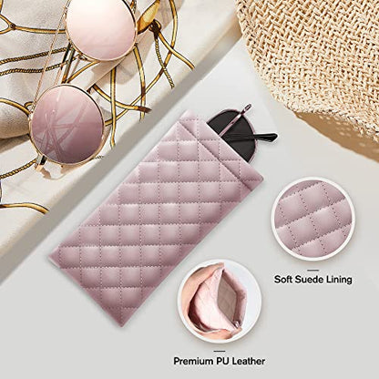 Squeeze Top Sunglass Pouch - Portable Sunglass Organizer Pouch Bags Soft PU Leather Glasses 2 Pack - color: Pink-black