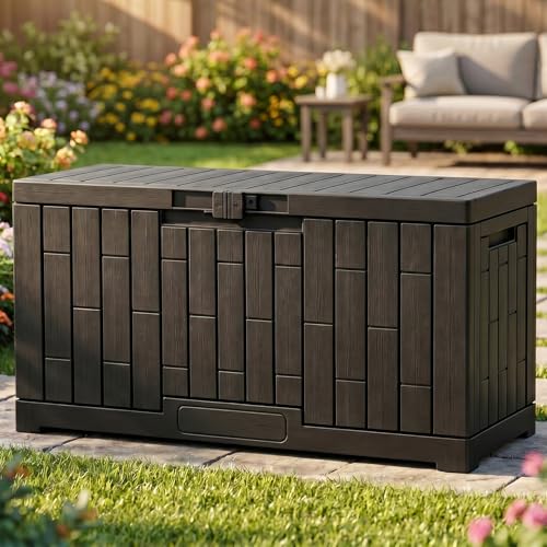YITAHOME 60 Gallon Resin Deck Box, Weather Resistant Outdoor Rattan Storage Box with Slide-Locking Lid, Lockable Indoor Outdoor Storage for Supplies and Essentials, Black - color: Black, size: 60 gallon