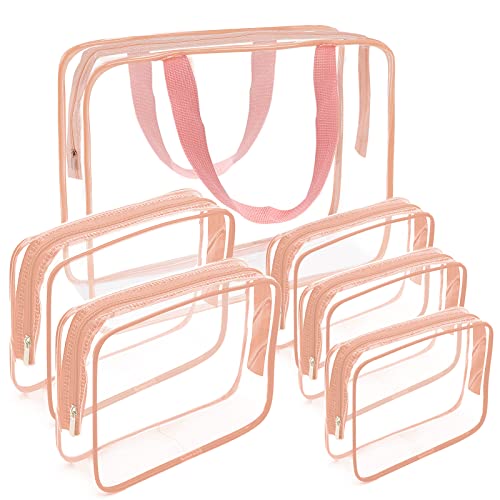 APREUTY Clear Makeup Bags, TSA Approved 6 Pcs Cosmetic Makeup Bags Set Clear PVC with Zipper Handle Portable Travel Luggage Pouch Airport Airline Vacation Organization (Pink) - color: Pink-6PCS (Large+Medium+Small)