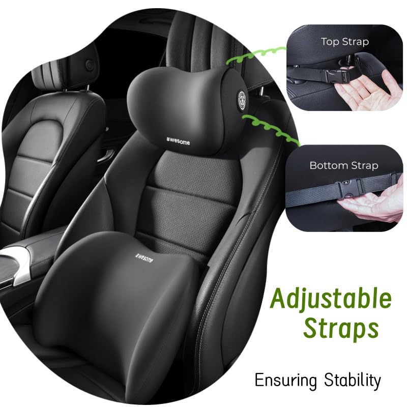 Car Headrest & Lumbar Support Cushion Kit, Ergonomic Car Seat Neck Pillow and Backseat Cushion for Driving Fatigue Relief, Driving Seat Memory Foam Neck Back Rest Pillows (Black) - color: Black