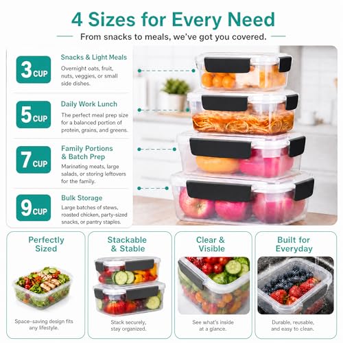 YORY 9 cup Plastic Food Storage Containers with Lids Nestable Freezer Dishwasher Safe Rectangle Meal Prep Container Set,5-Pack - size: 9 cups