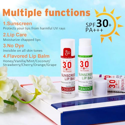 VISRIE SPF 30 Lip Balm with Sunscreen, 8 Pack - 8 Flavors, Hydrating Lip Balm with Vitamin E and Coconut Oil - color: 8 Count