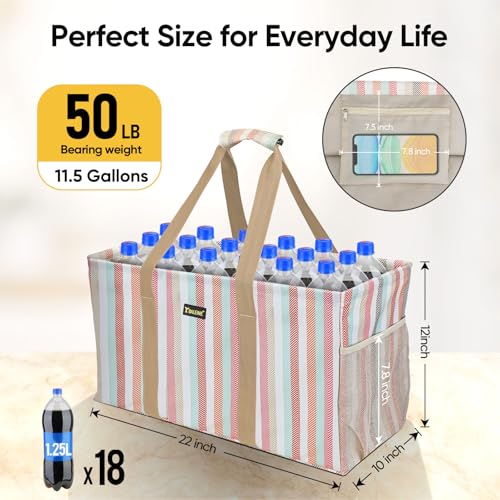 BALEINE Extra Large Utility Tote Bag with Reinforced Wire Frame, Reusable Grocery Bag for Shopping, Picnic (Color Stripe, 22''x12''x10'') - color: Color Stripe, size: 22''x12''x10''