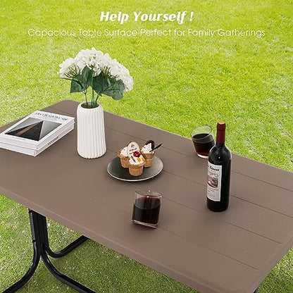GYMAX Picnic Table, Picnic Bench Easy to Assemble w/All Weather Wood Grain Tabletop & Metal Frame, Picnic Tables for Outdoors Camping Backyard Deck Patio Poolside Dining Party - color: Brown