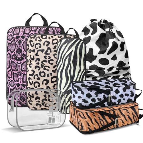 Travel Animal Skin Print Compression Packing Cubes Set - Slim-Fold Packing Organizers -Travel Essential Bag for Clothes Shoes Cosmetics Toiletry 7 Piece - color: Black-10
