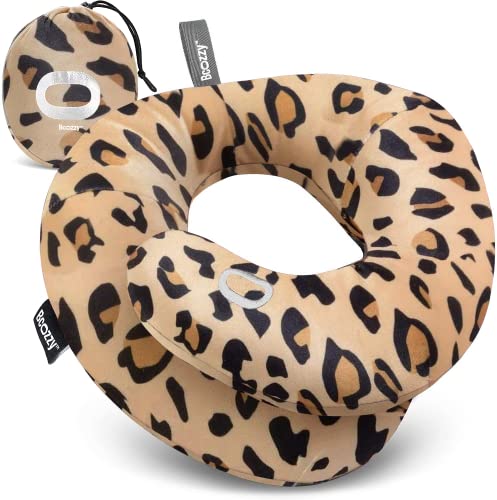 BCOZZY Travel Neck Pillow for Airplane – Patented Double Support for Head, Neck, and Chin. Best for Long Flights, Plane Sleeping, and Car Rides. Adjustable Size. Washable. Carry Bag. Large, Leopard - color: Gold Leopard, size: Large