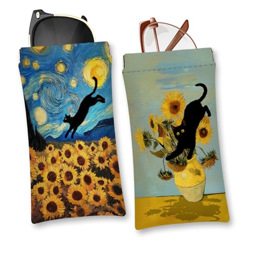 Eyeglasses Sunglasses Case PU Soft Squeeze Top Glasses Pouch for Women Men,Animal Pattern Portable Anti Scratch - color: Blue-cat