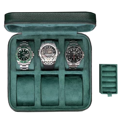 Watch Travel box Real Top-grain Leather, 6 Watches Storage Organizer Roll Case for Man and Women, Leather Packing Box with Suede to Protection Zipper Fit All Watches Up to 60mm (6W-Z-GRL) - color: 6W-Z-GRL