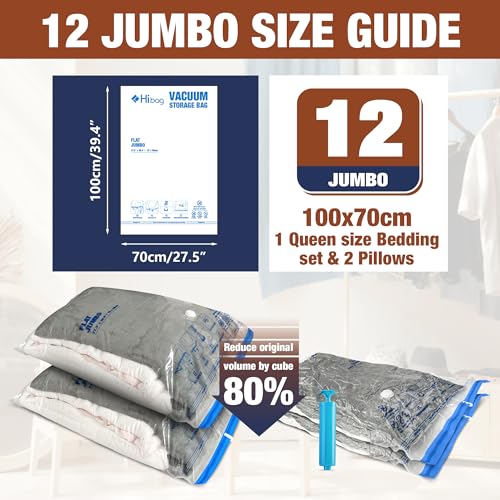 HIBAG Vacuum Storage Bags, 12 Jumbo Vacuum Seal Bags for Clothing, Space Bags for Clothes, Comforters, Blankets, Bedding (12J) - size: 12-Jumbo