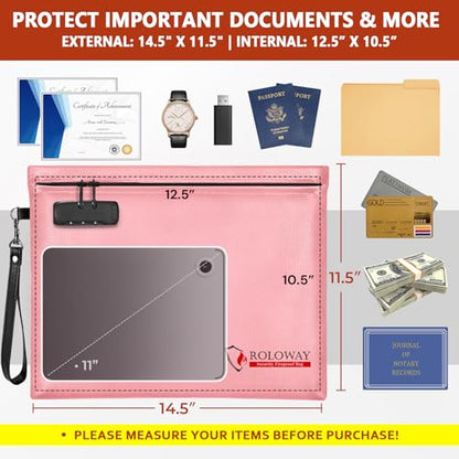 ROLOWAY Fireproof Document Bag (14.5 x 11.5 inch), 6400℉ Fireproof Money Bag with Zipper for Cash, Fire Safe Money Pouch with Lock (Pink) - color: Pink