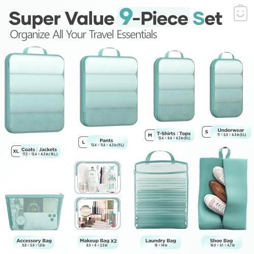 Veken 9/11 Set Compression Packing Cubes for Travel Essentials,Compressible Expandable Large Luggage Suitcase Organizer Bags for Clothing,Durable Space Saver Storage Bags(Blue Green) - color: Blue Green, size: 9 set