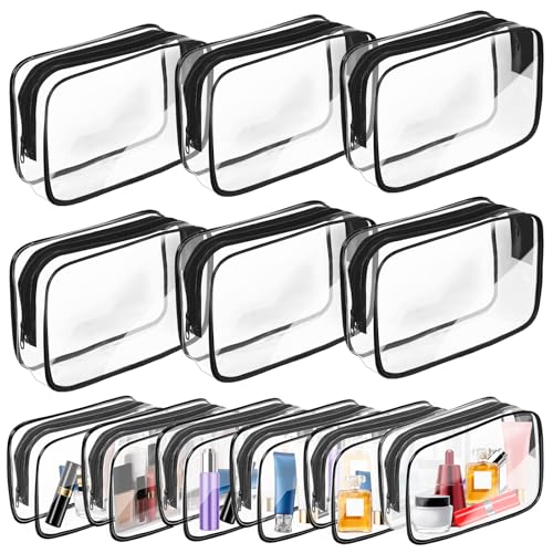 AURUZA Clear Makeup Bag,Portable Travel Toiletry Bags with Zipper, TSA Approved Clear Organizer Bags, PVC Cosmetic Pouch for Airport Airline Compliant - color: 12 Packs Black