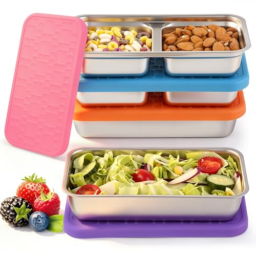 4 Pack Stainless Steel Snack Containers Set, Mixed Single & 2 Compartment Bento Boxes with Silicone Lids, Leakproof Food Storage for Meal Prep, Lunch, Travel, Picnic, Camping, Kitchen Organization - color: 1 & 2 Compartments – B