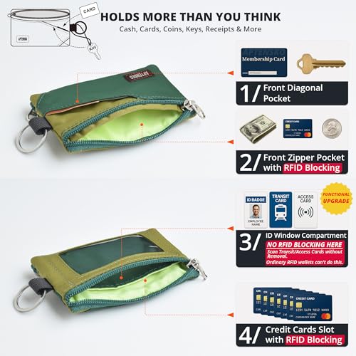 RFID Blocking Travel Wallet with Adjustable Lanyard, Small Nylon Zipper Pouch and Badge Holder for ID, Credit Cards, Cash, Keys, Commuters (ForestGreen+OliveGreen) - color: ForestGreen+OliveGreen