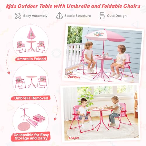HONEY JOY Kids Picnic Table, Animal Themed Toddler Outdoor Table and Chair Set, 2 Folding Chairs & Removable Umbrella, Children Outdoor Furniture for Backyard Patio Garden (Pink Mermaid) - color: Pink Mermaid