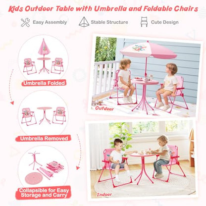 HONEY JOY Kids Picnic Table, Animal Themed Toddler Outdoor Table and Chair Set, 2 Folding Chairs & Removable Umbrella, Children Outdoor Furniture for Backyard Patio Garden (Pink Mermaid) - color: Pink Mermaid