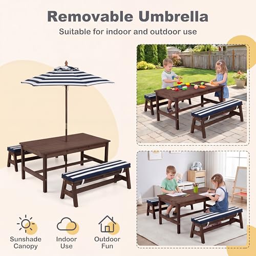 HONEY JOY Kids Picnic Table, Large 42” x 23” Tabletop, Fir Wood Toddler Outdoor Table & Bench Set w/Removable Cushions & Umbrella, Children Backyard Furniture for Patio Garden, Seats for 4 (Blue) - color: Blue