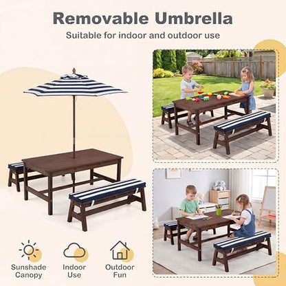 HONEY JOY Kids Picnic Table, Large 42” x 23” Tabletop, Fir Wood Toddler Outdoor Table & Bench Set w/Removable Cushions & Umbrella, Children Backyard Furniture for Patio Garden, Seats for 4 (Blue) - color: Blue