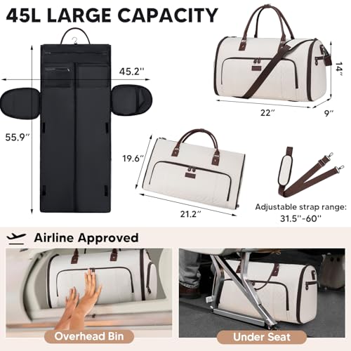 Convertible Garment Bags for Travel, Carry On Garment Duffle Bags for Women, Garment Bag with Shoes Compartment, 2 in 1 Travel Suit Bag with Detachable Shoulder Strap (Beige-New) - color: Beige-New
