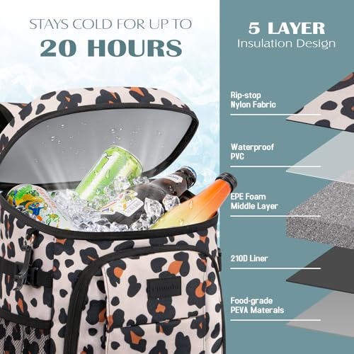 Tuwubi Cooler Backpack 35/42 Cans, Backpack Coolers Insulated Leak Proof for Men Women, Waterproof Soft Sided Lunch Camping Beach Travel Ice Chest Backpack Cooler Bag - color: Leopard Print, size: Medium