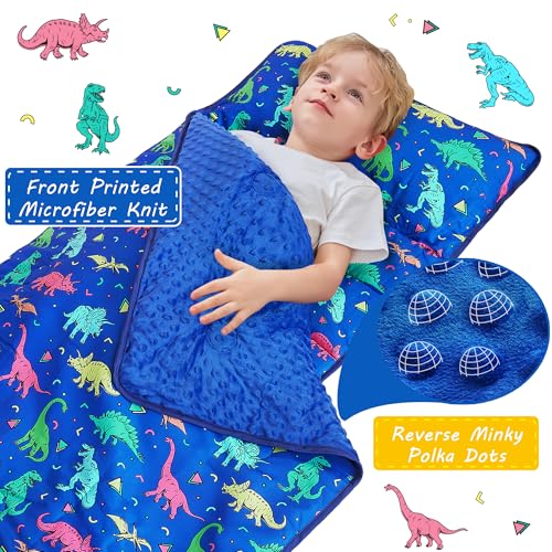 Lasoftan Toddler Nap Mat with Pillow and Blanket, Extra Large Rolled Napping Mats,Slumber Bags for Boys Girls,Kids Sleeping Bag for Daycare, Preschool Travel Camping - color: Blue Dinosaur