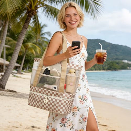 WOOMADA Beach Tote Bag With Cooler, Large Mesh Beach Bags for Women with Wet Pocket, Pool, Swim, Travel Essentials - color: Brown Checkerboard