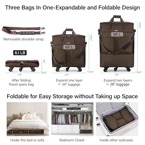 Hanke Expandable Collapsible Luggage with Wheels Suitcase, Rolling Travel Bag, Duffel Garment Tote Bag for Men Women, Lightweight Suitcase, Large Capacity Luggage with Spinner Wheel (Coffee) - color: Coffee Upgrade Version 2