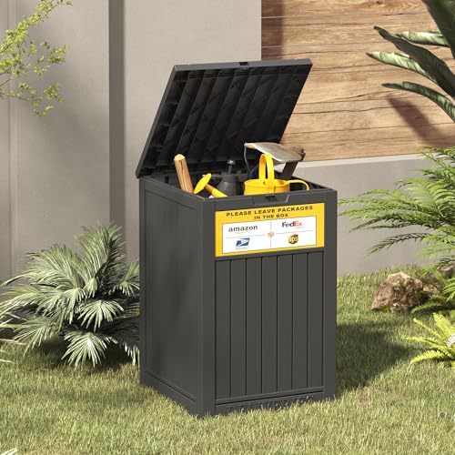 LHBGO Package Delivery Box for Outside, with Delivery Sign 48 Gallon Storage with Lockable Secure, Large Resin Outdoor Package Drop Container - color: Black with Delivery Sign