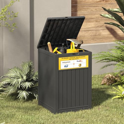 LHBGO Package Delivery Box for Outside, with Delivery Sign 48 Gallon Storage with Lockable Secure, Large Resin Outdoor Package Drop Container - color: Black with Delivery Sign