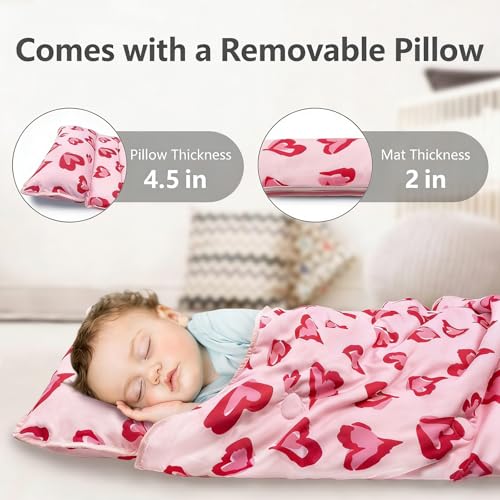 Primlect Toddler Nap Mat Extra Large Thickened 55''x35'', Soft Sleeping Bag with Detachable Minky Blanket and Pillow, Portable for Daycare, Preschool, Kindergarten, Travel, Boys and Girls - color: Pink Heart