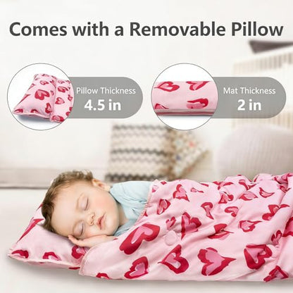 Primlect Toddler Nap Mat Extra Large Thickened 55''x35'', Soft Sleeping Bag with Detachable Minky Blanket and Pillow, Portable for Daycare, Preschool, Kindergarten, Travel, Boys and Girls - color: Pink Heart