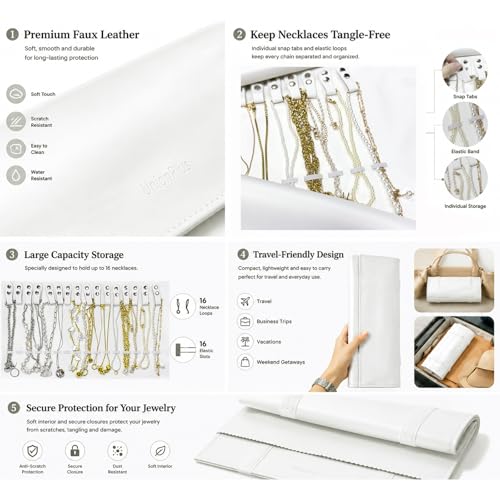 UnionPlus Travel Jewelry Roll, Faux Leather Necklaces Organizer Bag, Elastic Band and Anti-winding, White - color: Leather White, size: Medium