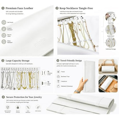 UnionPlus Travel Jewelry Roll, Faux Leather Necklaces Organizer Bag, Elastic Band and Anti-winding, White - color: Leather White, size: Medium