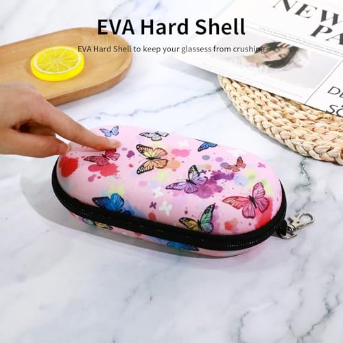 Double Eyeglasses Case, Hard Shell Dual Sunglasses Organizer with Zipper Clip Travel Glasses Storage for Women Men - color: Pink Butterfly