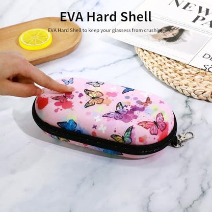 Double Eyeglasses Case, Hard Shell Dual Sunglasses Organizer with Zipper Clip Travel Glasses Storage for Women Men - color: Pink Butterfly