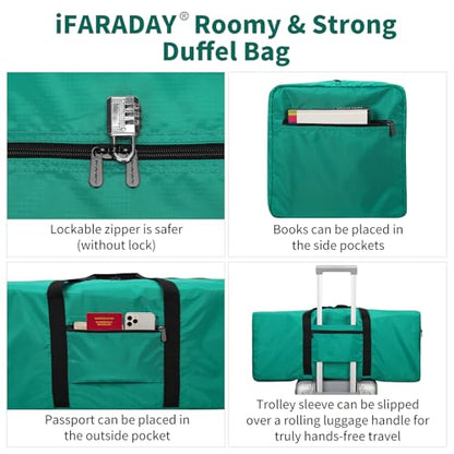 iFARADAY Foldable Duffle Bag for Travel - 75L Large Spare Travel Duffel Bag Lightweight with Trolley Sleeve - Green - color: Green