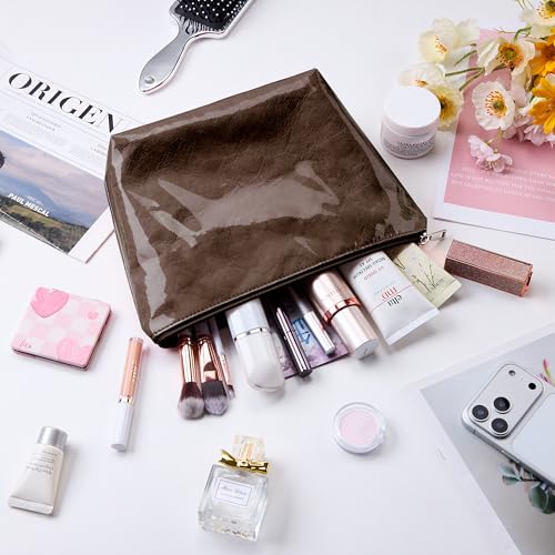 WLLWOO PVC Waterproof Makeup Bag Kraft Paper Cosmetic Bag Travel Toiletry Zipper Pouch Organizer for Women Purse - color: PVC-Coffee