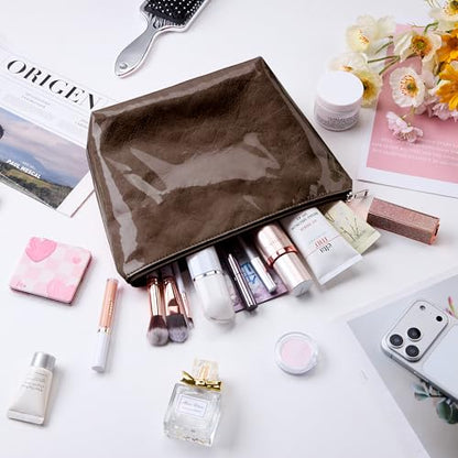 WLLWOO PVC Waterproof Makeup Bag Kraft Paper Cosmetic Bag Travel Toiletry Zipper Pouch Organizer for Women Purse - color: PVC-Coffee