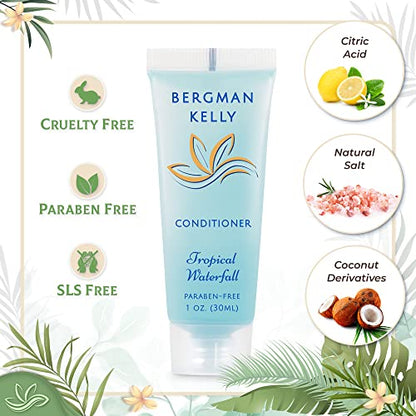 BERGMAN KELLY - Hotel Toiletries Bundle - Tropical Waterfall, 1 oz ea, 125 Pieces - 5-Piece Set: 25 ea Rectangular Bar Soap, Shampoo, Conditioner, Body Lotion & Body Wash - Bulk Mini Guest Amenities