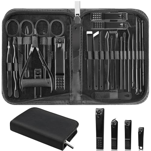 Nail Clippers Set, 26 Piece Manicure Set & Pedicure Kit, Stainless Steel Fingernail & Toenail Clipper Cutters, Professional Nail Care Tools with Luxurious Travel Case for Men and Women, Black - color: Black