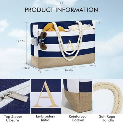 YOOLIFE Large Initial Beach Bag Waterproof Tote Zipper Bag Personalized Gifts for Women Her Birthday Travel Beach Essential - color: Dark Blue, style: L