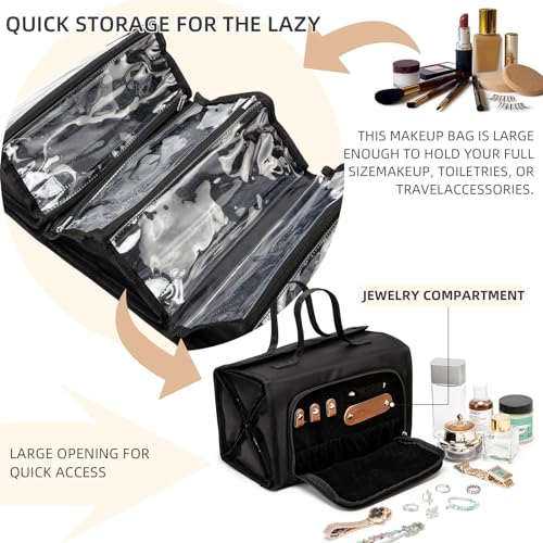 ROYALFAIR Roll Up Makeup Bag, Waterproof Toiletry Bag for Women, Hanging Travel Organizer bags with Jewelry Organizer Compartment, Extra Large 4 Clear TSA Approved Pouches Cosmetic Makeup (black) - color: black
