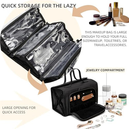 ROYALFAIR Roll Up Makeup Bag, Waterproof Toiletry Bag for Women, Hanging Travel Organizer bags with Jewelry Organizer Compartment, Extra Large 4 Clear TSA Approved Pouches Cosmetic Makeup (black) - color: black