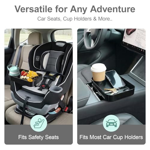 Car Seat Snack Tray for Toddlers - 3 Inch Cup Holder Fits Most Sippy Cups & Straw Bottles with Dip Well, Mess-Free Square Kids Travel Tray Road Trip Essentials, Black - color: Black