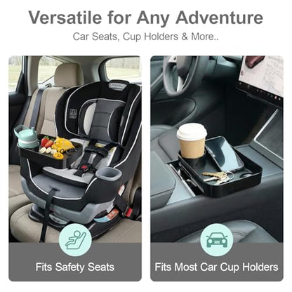 Car Seat Snack Tray for Toddlers - 3 Inch Cup Holder Fits Most Sippy Cups & Straw Bottles with Dip Well, Mess-Free Square Kids Travel Tray Road Trip Essentials, Black - color: Black