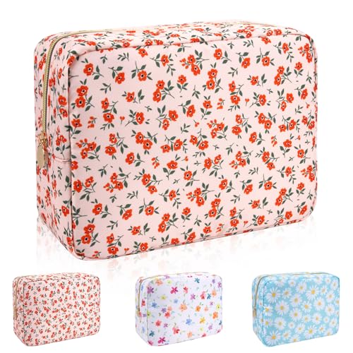 Waterproof Nylon Large Makeup Bag Travel Pouch, Floral Preppy Big Cosmetic Bag Make Up Organizer Toiletry Bag with Zipper, Large Capacity Cute Zipper Pouch Storage Bag for Women Girls(Orange Flower) - color: Orange-Flower, size: Large