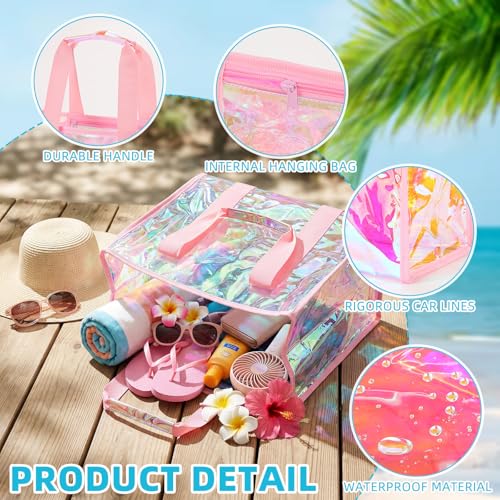 Hsei 6 Pcs Clear Iridescent Beach Bag with Phone Pouch for Women Beach Travel Large Waterproof Tote Bags for Vacation Picnic - color: Iridescent Pink
