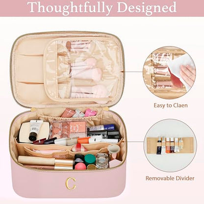 Personalized Initial Makeup Bag Gifts for Women, Large Travel Cosmetic Organizer with Handle & Divider, PU Leather Toiletry Bag for Girls, Birthday Bridesmaid Gift Set - Pink - C - color: Pink, style: C
