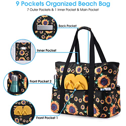 Becokan Beach Bags for Women Large Beach Tote Bag with Zipper Pockets Beach Bag Waterproof Sandproof Travel Nurse Tote Bag - color: Sunflowers