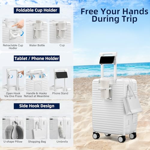 HanTrip 20 Inch Carry on Luggage 22x14x9 Airline Approved Hard Shell Suitcases with Wheels, Top Opening Expandable Carry on Luggage with Cup Holder Small Rolling Suitcase with Lock, White - color: White, size: Expandable 20 Inch